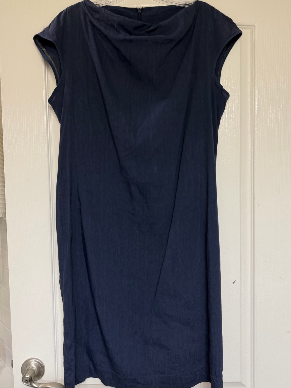MM.LaFleur Navy Linen Blend Cowl Neck Sheath Dress Sz 12 Workwear Quiet Luxury